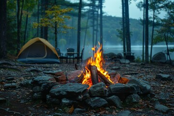 A cozy campfire brightens a forest camping site with a tent in the background and the lake reflecting the warm light - obrazy, fototapety, plakaty