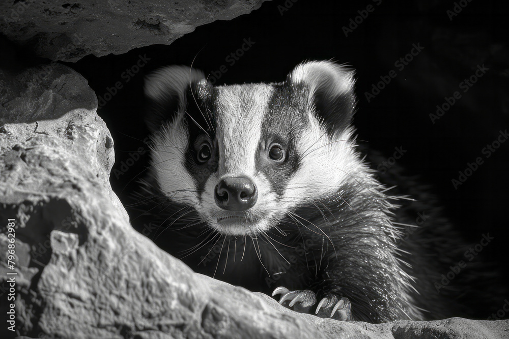 Poster a badger emerging from its den under a rock, twilight casting long shadows around its stout form,