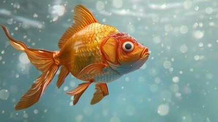 A 3D rendering of a goldfish. The goldfish is orange and white, with big eyes and a long tail. It is swimming in a blue water with bubbles.