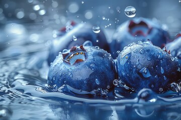 Close-up macro photography of ripe blueberries with glistening water drops giving a fresh and clean...