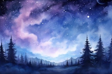 Fototapeta na wymiar Night sky landscape outdoors watercolor