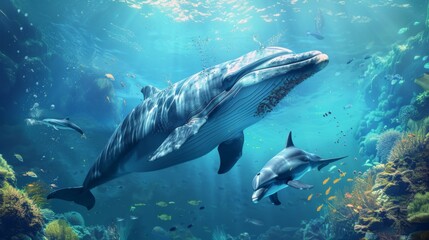 Fototapeta premium A serene underwater scene with a pod of dolphins playfully swimming alongside a majestic blue whale, illustrating marine life diversity.