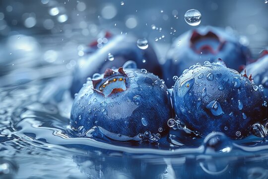 Close-up macro photography of ripe blueberries with glistening water drops giving a fresh and clean food image perfect for healthy lifestyle concepts