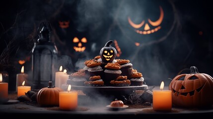 Halloween party cake Cookies screaming ghost on the table decorated with cream, pumpkins, candles,...