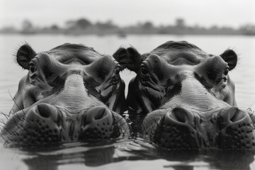 A pair of hippos submerged in a river, their eyes and nostrils just above the water surface, - obrazy, fototapety, plakaty