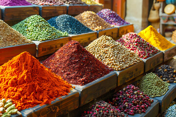 Colorful spice assortment at local market - obrazy, fototapety, plakaty