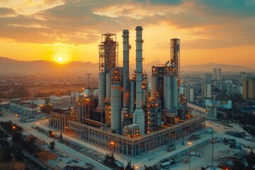Naklejka premium The warm glow of sunset bathes an industrial landscape, juxtaposing natural beauty with man-made structures