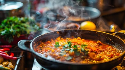 Fototapeta premium A spicy curry simmering in a pot, with fragrant spices wafting through the kitchen