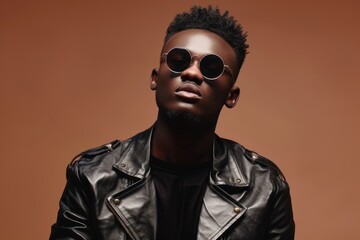 Fototapeta premium Portrait of African young man in stylish leather jacket and sunglasses posing on brown background