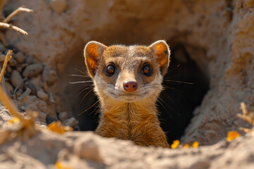A mongoose darting out of its burrow, quick movements catching the light as it searches for insects,