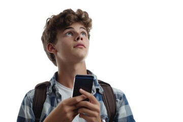 Young man with smartphone  thinking about explaining taking car.