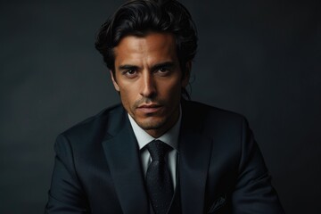 Fototapeta premium Serious well dressed hispanic man posing on dark background.