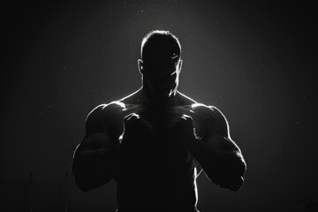 Strong bodybuilder in dramatic black and white silhouette.