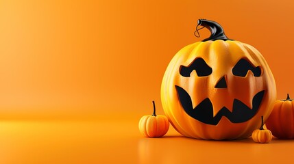 3D rendering of a Halloween pumpkin with a carved face. The pumpkin is sitting on an orange background with a small pumpkin sitting beside it.