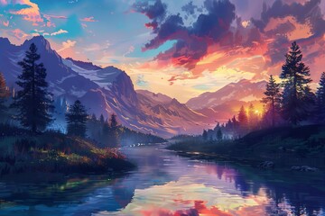 idyllic mountain landscape with winding river reflecting colorful sky digital painting