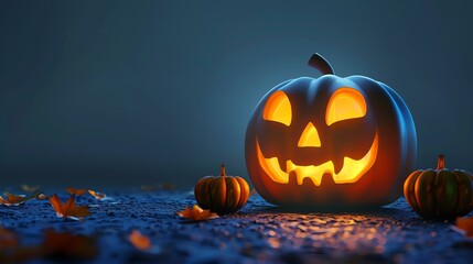 3D rendering of a glowing Halloween pumpkin at night. The pumpkin has a carved face with a smile and is surrounded by fallen leaves.