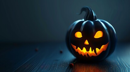3D rendering of a glowing jack-o-lantern on a wooden table. The pumpkin has a carved face with a smile and two teeth. The background is dark blue.
