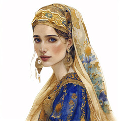 Watercolor Morocco woman wearing a blue and gold scarf with gold beads on her head