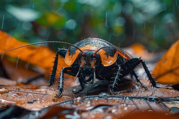 A Madagascar hissing cockroach crawling over fallen leaves in the dense rainforest,