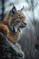 Fototapeta premium A lynx patiently waiting in ambush, its keen eyes focused on a distant rustle,
