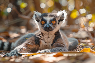 Fototapeta premium A Lemur catta (Ring-tailed Lemur) sunbathing in the forests of Madagascar, its tail coiled neatly,