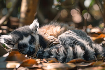 A Lemur catta (Ring-tailed Lemur) sunbathing in the forests of Madagascar, its tail coiled neatly,