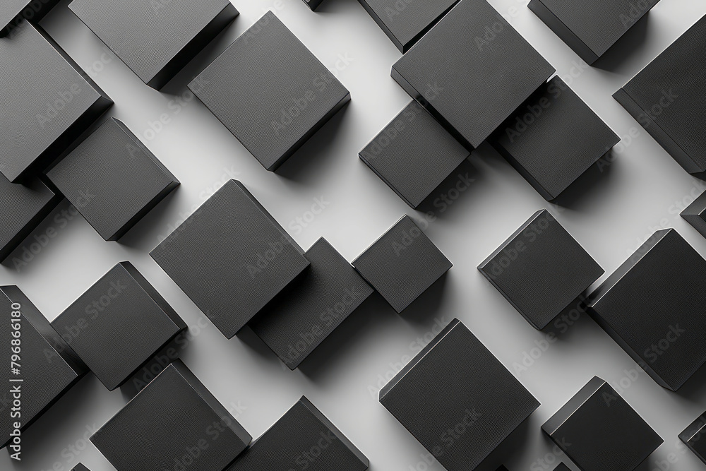 Poster a layout of asymmetric black blocks on a white background, creating a balanced yet unexpected patter