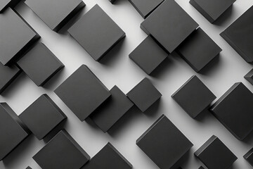 A layout of asymmetric black blocks on a white background, creating a balanced yet unexpected pattern,