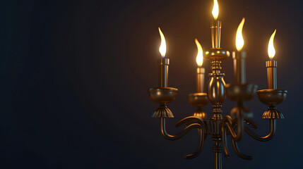 A beautiful golden candelabra with five lit candles on a dark blue background.