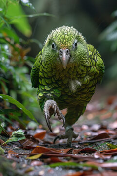 A Kakapo parrot waddling playfully in New Zealand, its flightless form an oddity among birds,