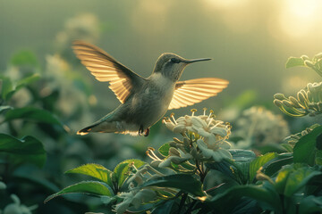 A hummingbird hovering near a woodland flower, wings a blur of motion as it feeds on nectar,