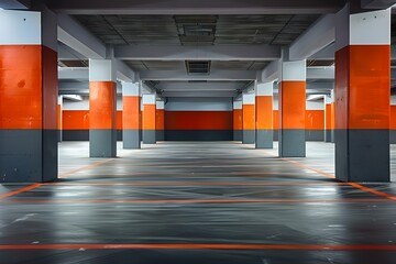 Spacious Underground Parking Lot with Concrete Columns and Painted Stripes. Concept Underground Parking Lot, Concrete Columns, Painted Stripes, Spacious Layout