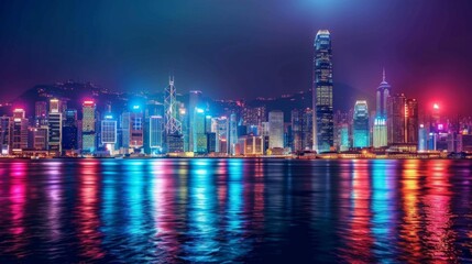 Fototapeta premium A vibrant city skyline illuminated by colorful lights at night, showcasing the energy and vibrancy of urban life in a metropolis.