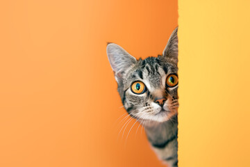 Tabby cat peeking from a corner, orange background