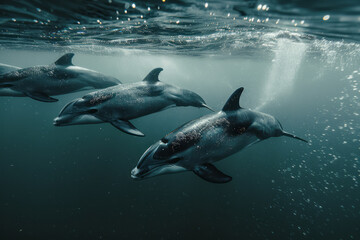 A group of vaquita porpoises, the world's most endangered marine mammal, swimming in the Gulf of California.