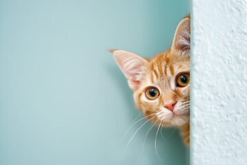 A curious cat peeking around the corner, blue background