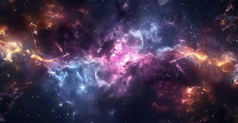 Fiery clouds and studded stars space with swirling cosmic dust and nebula. Surreal universe scenery in vibrant colors, abstract background for science and fantasy themes, presentations or art prints