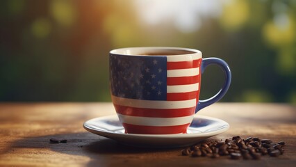 Obraz premium A coffee cup on the table with american flag on it, natural sunny background vibrant colors, world coffee day