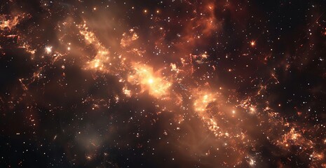 Fiery cosmic panorama. Nebula and star studded space with swirling cosmic dust and radiant starburst. Cosmic radiant abstract background for science and fantasy themes. Surreal infinite universe