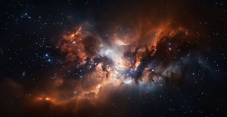 Obraz premium Fiery galactic nebula with star formation and interstellar clouds. Illustration of beauty of universe for educational content, background or digital art.