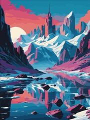 winter landscape with mountains, generative ai illustration, graphic design