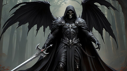 Dark Warrior Death Angel wearing Black Cloak holding Medieval Sword with Wings. Spiritual Fantasy Background.