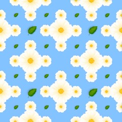 Fototapeta na wymiar Seamless pattern of a group of 5 white flowers which surrounded by green leaves on blue background.
