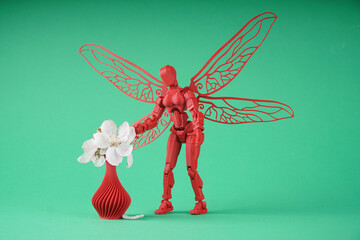 A female figurine of a girl with wings leaning over a vase with flowers. Concept photo of the muse of art
