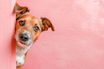 Curious dog peeking from a corner, pastel pink background