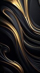 Abstract black background with golden waves and curls