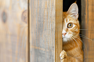 A ginger cat peeking out of a wooden door