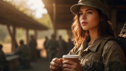 A woman soldier drinking coffee, natural sunny background vibrant colors, world coffee day