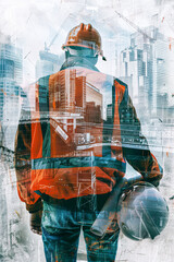 Double exposure of a construction worker holding a safety helmet and blueprints, superimposed on a surreal cityscape construction site background