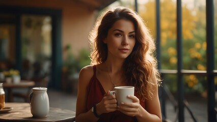 A woman drinking coffee on the terrace, natural background vibrant colors, world coffee day